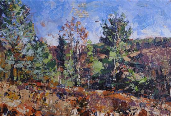 Nick Hebditch, oil on board, Trees on a hillside, label verso, 20 x 29cm